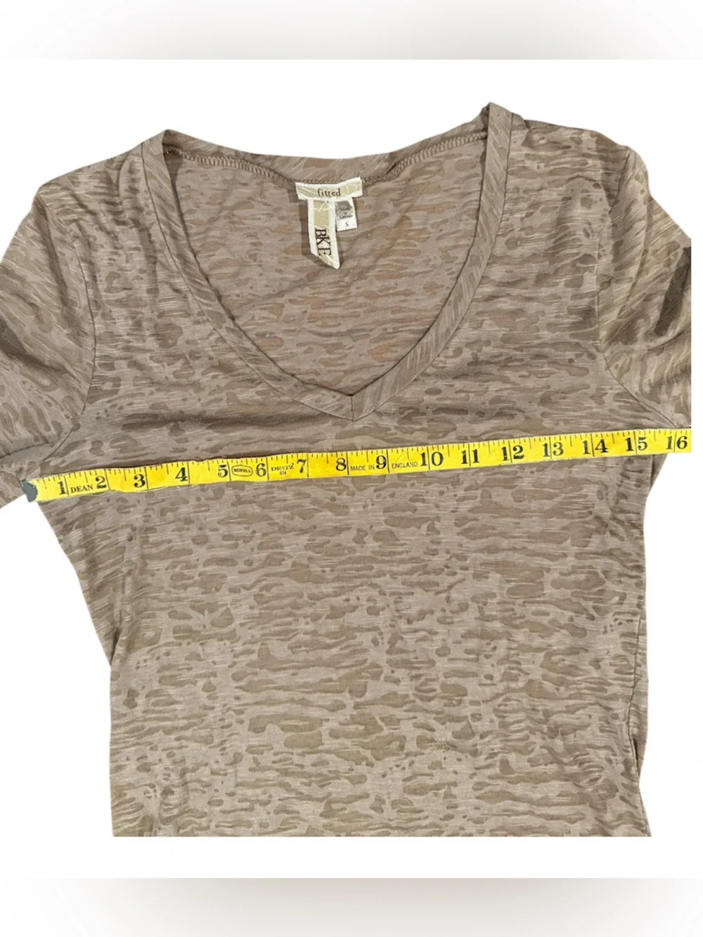 BKE Tan Burnout V-Neck Top with Striped Sleeve Accents